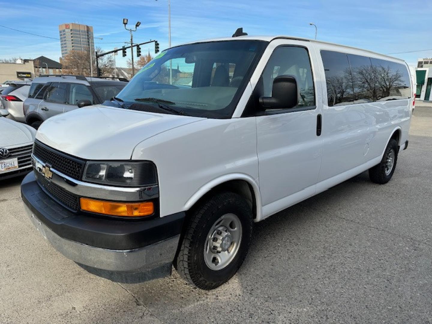 2017 White Chevrolet Express LT 3500 Extended (1GAZGPFG5H1) with an 6.0L V8 OHV 16V FFV engine, 6A transmission, located at 3200 1st Avenue North, Billings, MT, 59101, (406) 245-9055, 45.779270, -108.510742 - Off-Lease Lease Unit with Great Maintenance Records! 15 Passenger Van with LT Package, Towing, Tilt Steering, Cruise Control, Rear Air, Rear Heat, Factory Tinted Glass, Dual Power Seats and Much More! CarFax Dealer. Auto Brokers of Montana/AA&A Auto Rental/Fox Car Rental - Photo#0